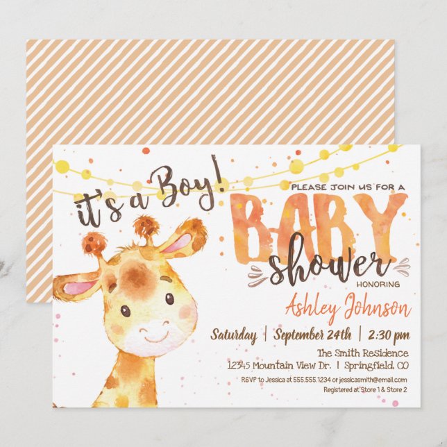 Boy Giraffe Baby Shower-inbjudan Inbjudningar (Fram/baksida)