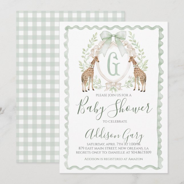 Boy Giraffe Baby Shower Preppy Sage Grönt Gingham Inbjudningar (Fram/baksida)