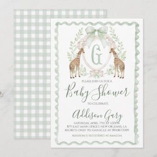 Boy Giraffe Baby Shower Preppy Sage Grönt Gingham Inbjudningar