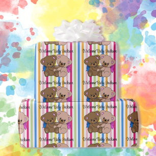 Boy & Girl Baby Shower Namn Rosa Blue Nalle Blue Presentpapper