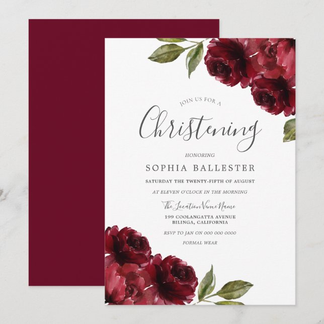 Boy Girl Burgundy Red Flowers Christening Baptism Inbjudningar (Fram/baksida)