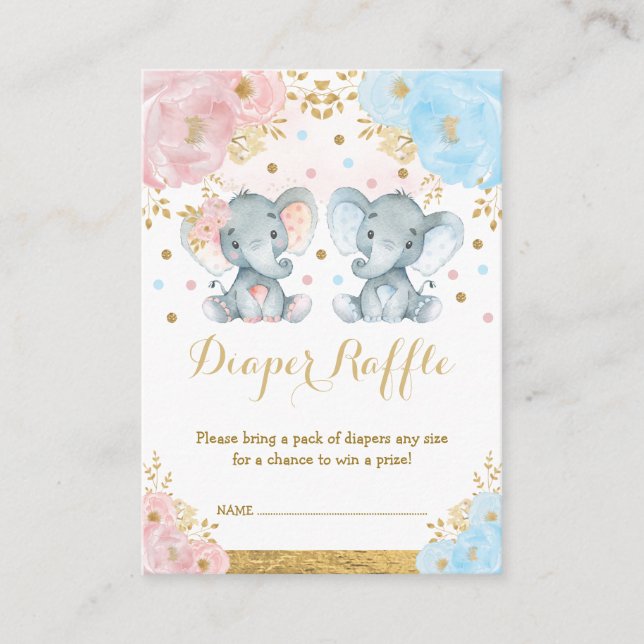 Boy Girl Elephant Gender Reveal Baby Diaper Raffle Tilläggskort (Framsida)