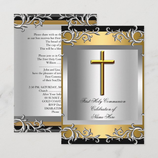 Boy Girl First Heliga Communion Silver Guld Small Inbjudningar (Fram/baksida)