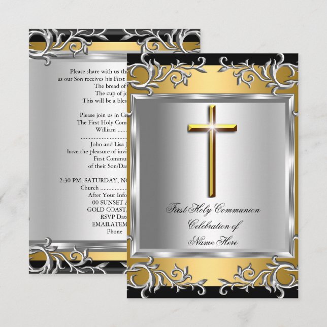 Boy Girl First Heliga Communion Silver Guld SML Inbjudningar (Fram/baksida)