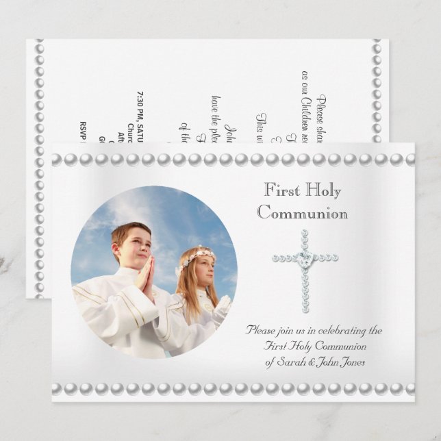 Boy Girl First Heliga Communion White Kor Photo Inbjudningar (Fram/baksida)