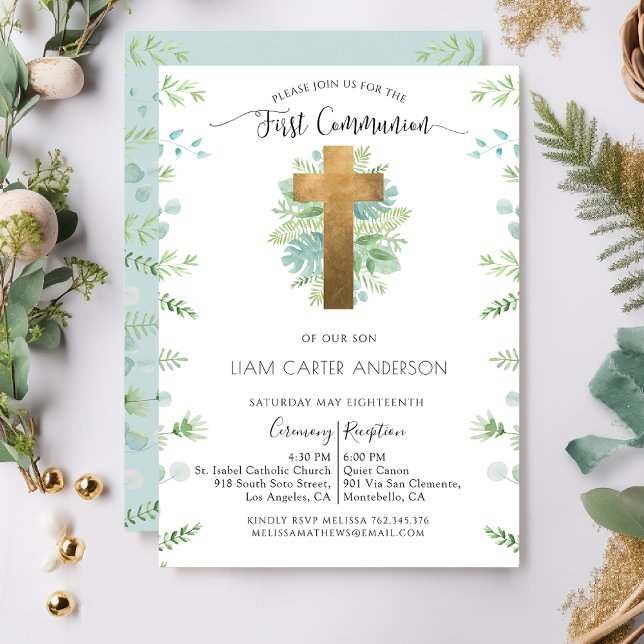 Boy/Girl Greenery Mint First Communion-inbjudan Inbjudningar (Skapare uppladdad)