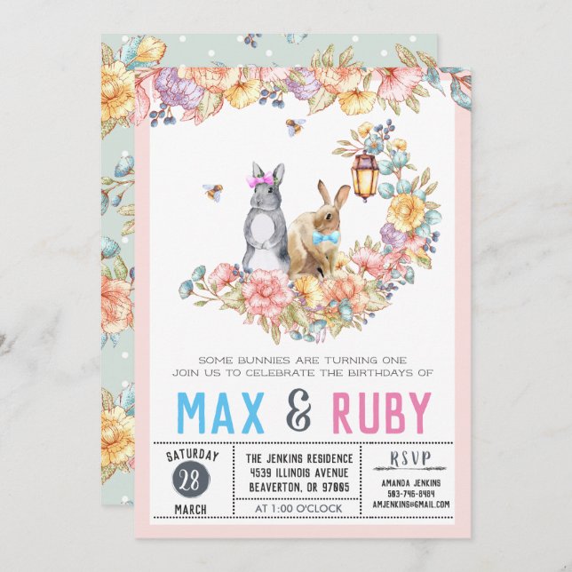 Boy & Girl Little Bunny Vår Birthday Inbjudningar (Fram/baksida)