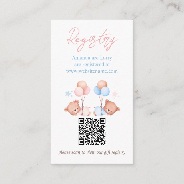 Boy Girl Nalle Baby Shower Registry Twillingar  Ba Tilläggskort (Framsida)