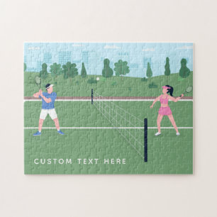 Boy Girl spelar tennis Grönt Illustration & Text Pussel