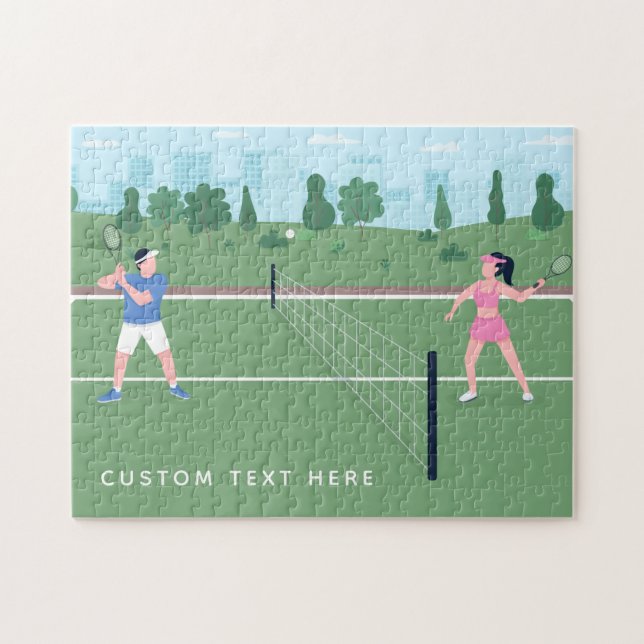 Boy Girl spelar tennis Grönt Illustration & Text Pussel (Horisontell)