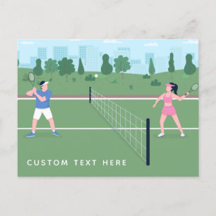 Boy Girl spelar tennis Grönt Illustration & Text Vykort