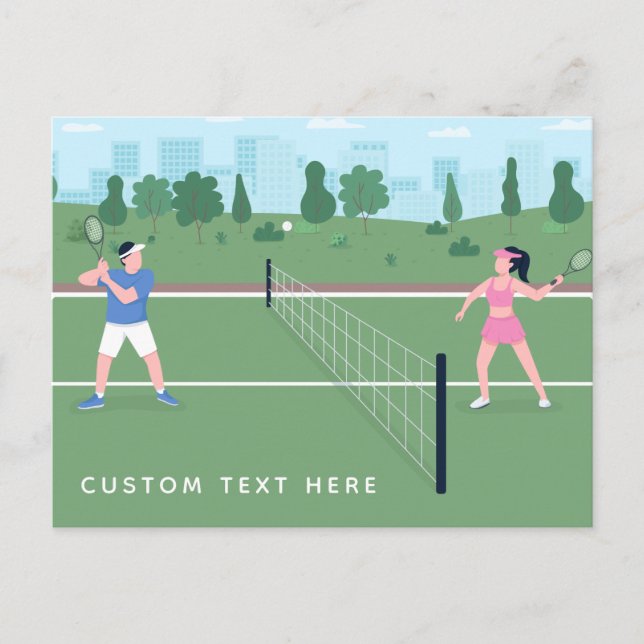 Boy Girl spelar tennis Grönt Illustration & Text Vykort (Framsida)