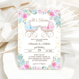 Boy Girl Twillingar Rosa Blue Barnvagn Baby Shower Inbjudningar