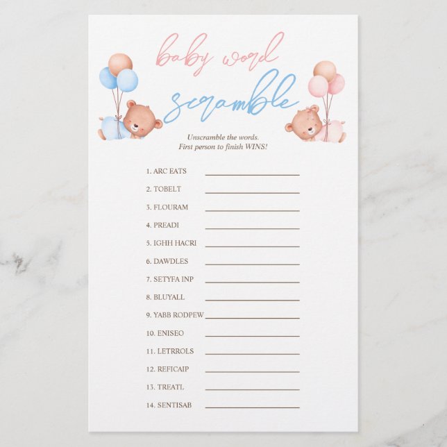 Boy Girl Twillingars Baby Scramble Baby Shower Gam Flygblad (Framsidan)