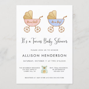 Boy Girl Twillingars Carriage Watercolor Baby Show Inbjudningar