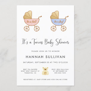 Boy & Girl Twillingars Carriage Watercolor Shower Inbjudningar