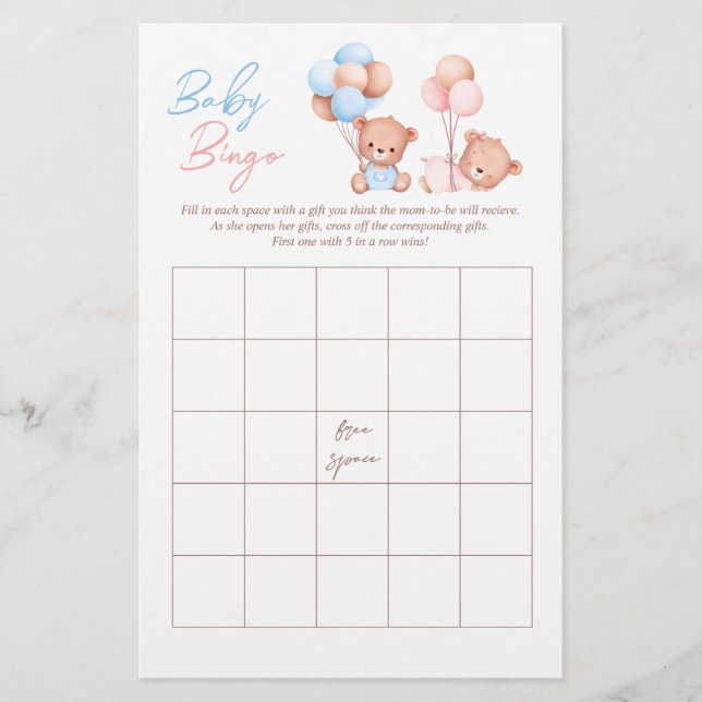Boy Girl Twillingars Nalle BINGO Baby Shower Game Flygblad (Framsidan)