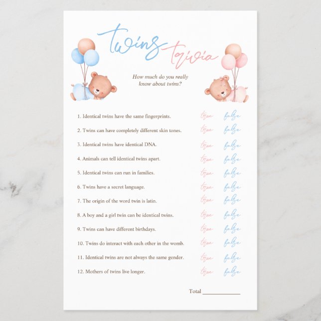 Boy Girl Twillingars Trivia Baby Shower Game Flygblad (Framsidan)
