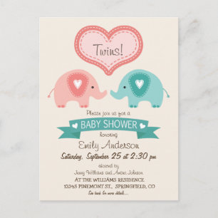 Boy & Girl Twin Rosa & Teal Elephants Baby Shower Inbjudan Vykort
