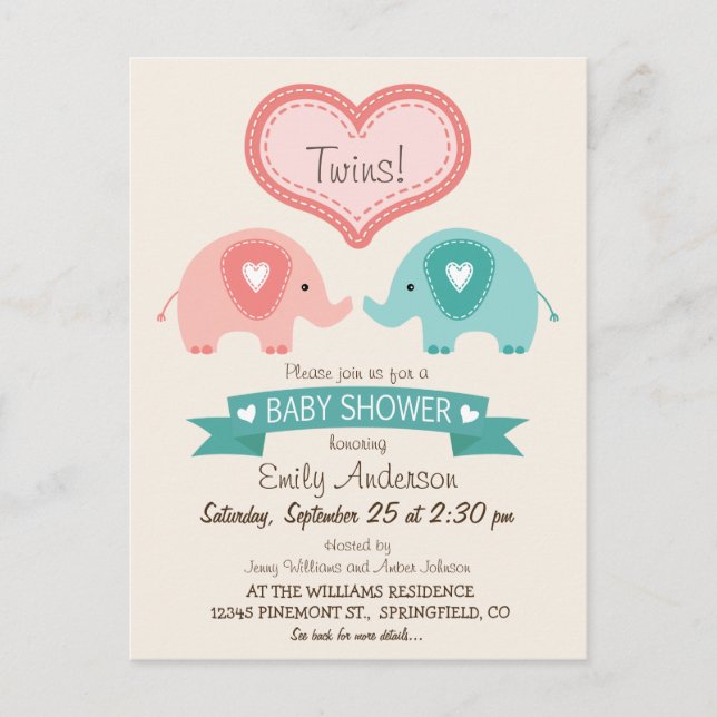 Boy & Girl Twin Rosa & Teal Elephants Baby Shower Inbjudan Vykort (Framsida)