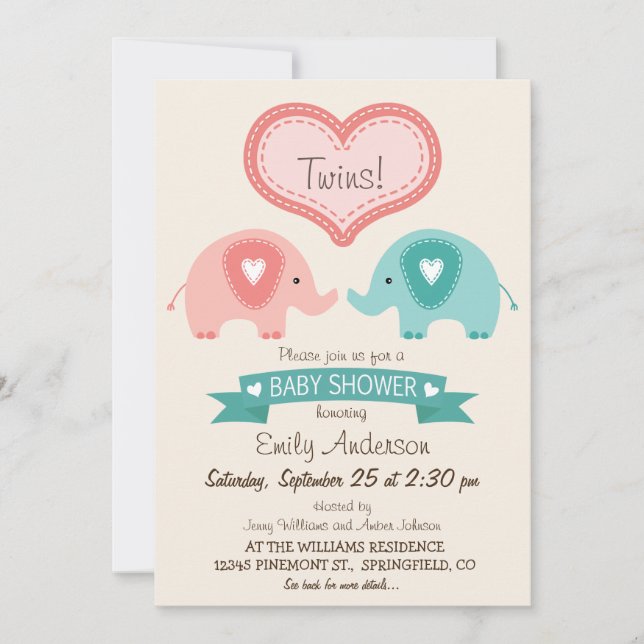 Boy & Girl Twin Rosa & Teal Elephants Baby Shower Inbjudningar (Framsida)