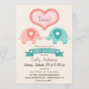 Boy & Girl Twin Rosa & Teal Elephants Baby Shower Inbjudningar