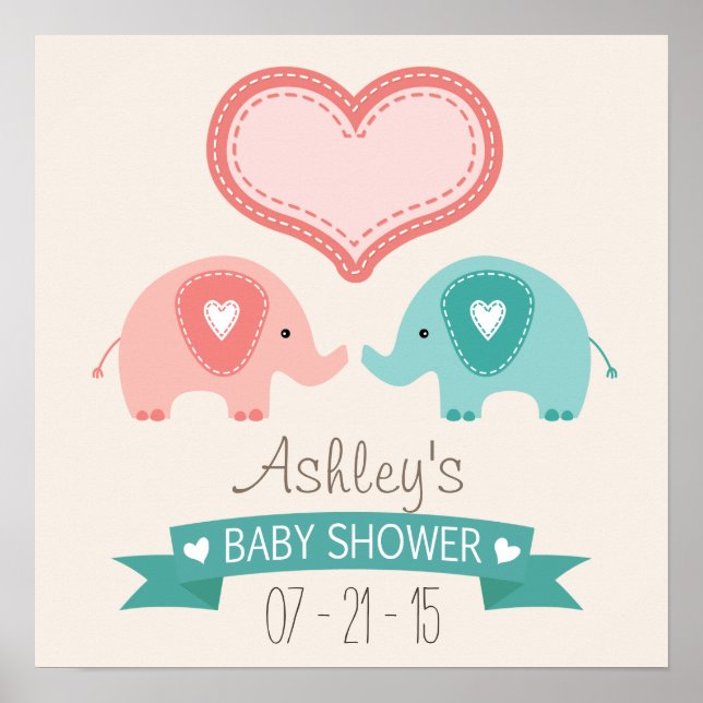 Boy & Girl Twin Rosa & Teal Elephants Baby Shower Poster (Framsidan)