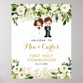 Boy Girl White Blommigt First Communion Välkomstsk Poster