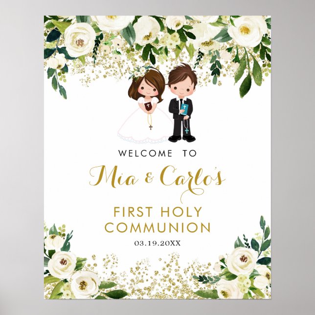 Boy Girl White Blommigt First Communion Välkomstsk Poster (Framsidan)