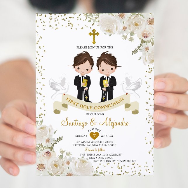 Boy Girl White Flower 1:a Heligan Communion Guld Inbjudningar (Skapare uppladdad)