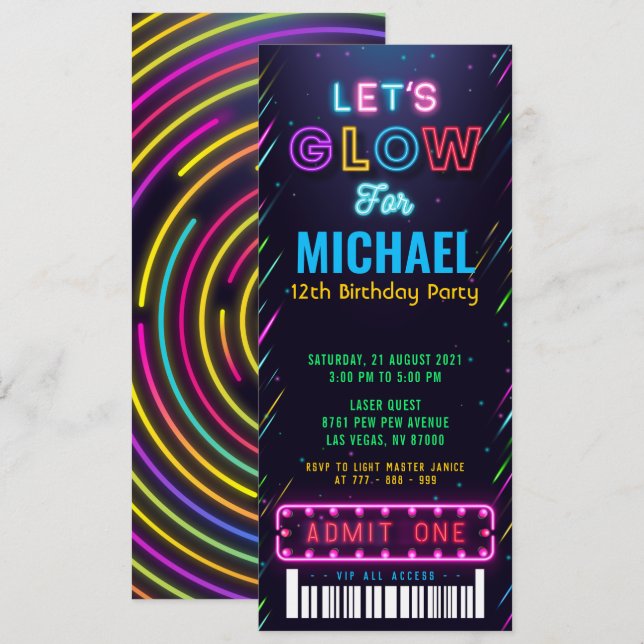 Boy Glow Party Biljett Pass Birthday Inbjudningar (Fram/baksida)