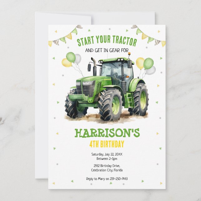 Boy Green Tractor Farm Birthday Party Invitation Inbjudningar (Framsida)