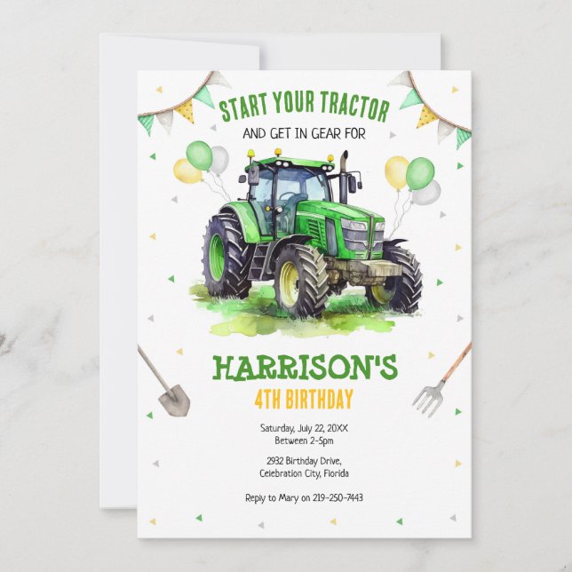 Boy Green Tractor Farm Birthday Party Invitation Inbjudningar (Framsida)