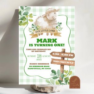 Boy Greenery Lamb First Birthday Inbjudningar