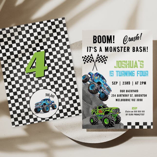 Boy Grönt Blue Fluorescent Monster Lastbil Birthda Inbjudningar (Boys Monster Truck Monster Bash Birthday Invitation, Monster Bash Invitation Card, Boom Invitation)