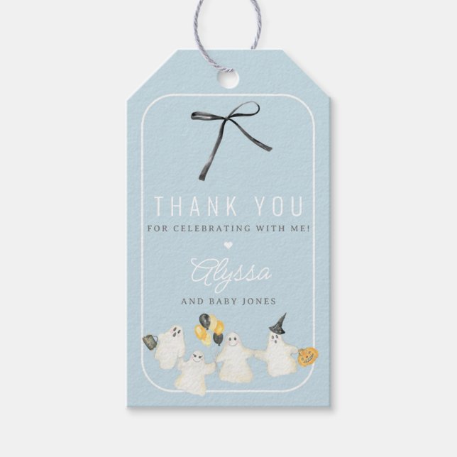 Boy Halloween Ghost och Black Bow Baby Shower Presentetikett (Framsidan)