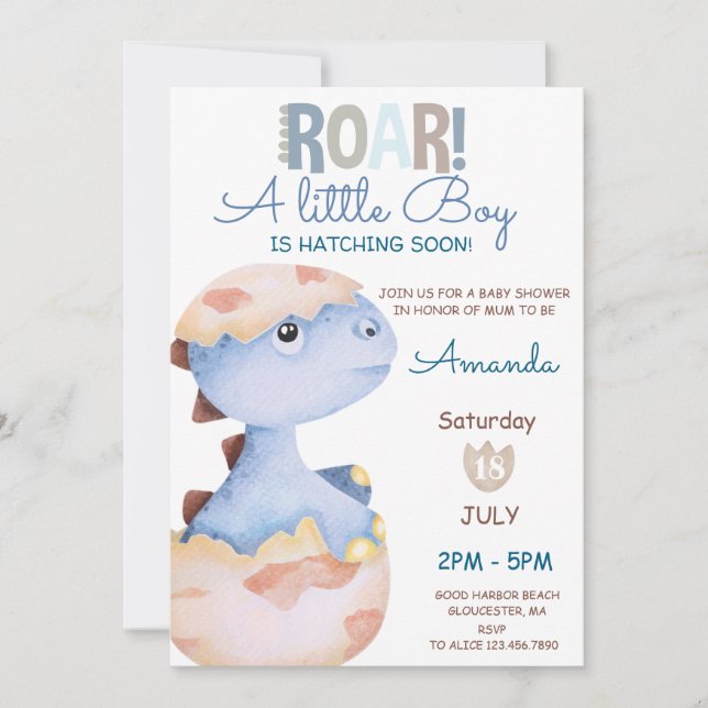 Boy Hatching Soon Dinosaur Baby Shower Inbjudningar (Framsida)
