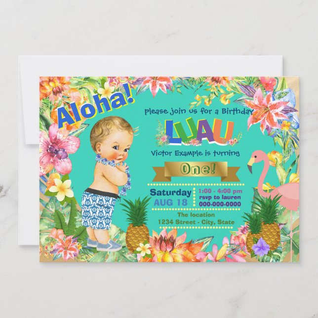 Boy Hawaiian Luau Födelsedagsfest Inbjudningar (Framsida)