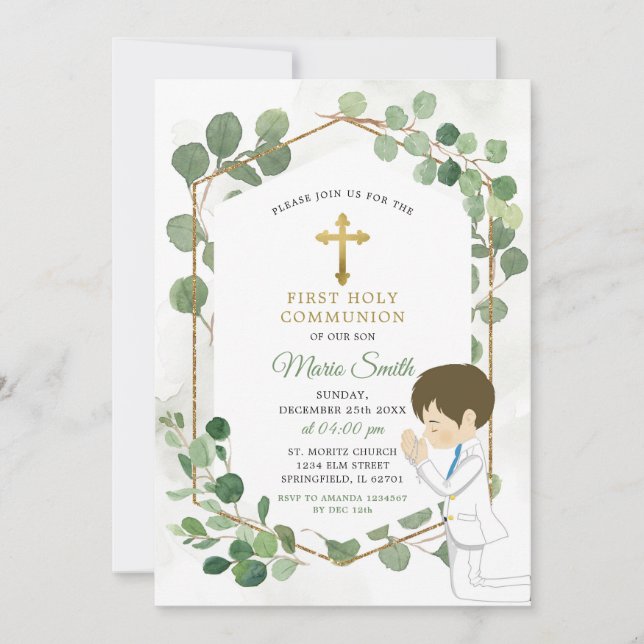 Boy Heliga Communion minimalist Greenery Guld Inbjudningar (Framsida)