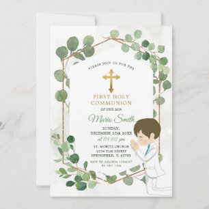 Boy Heliga Communion minimalist Greenery Guld Inbjudningar