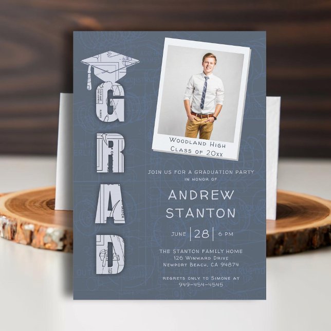Boy High School Studenten Science Tech Grått Photo Inbjudningar (high school graduation boys ceremony party invitation tech technical science scientist engineer gray)