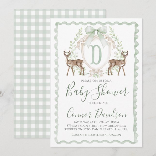 Boy Hjort Baby Shower Preppy Hunting Sage Grönt Inbjudningar (Fram/baksida)