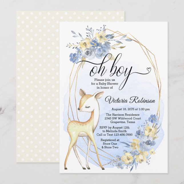 Boy Hjort Oh Boy Baby blue Beige Baby Shower Inbjudningar (Fram/baksida)