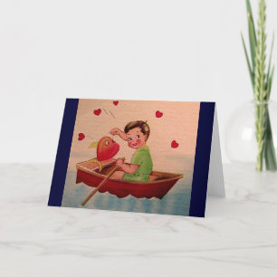 Boy Holding Heart i Boat Helgkort