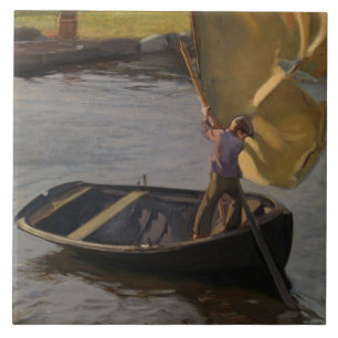 Boy i en segelbåt på floden (av Magnus Enckell) Kakelplatta