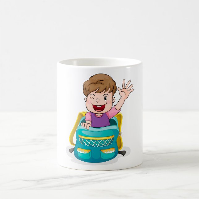 Boy in Backpack Wave Roligt School Kid Kaffemugg (Skapare uppladdad)