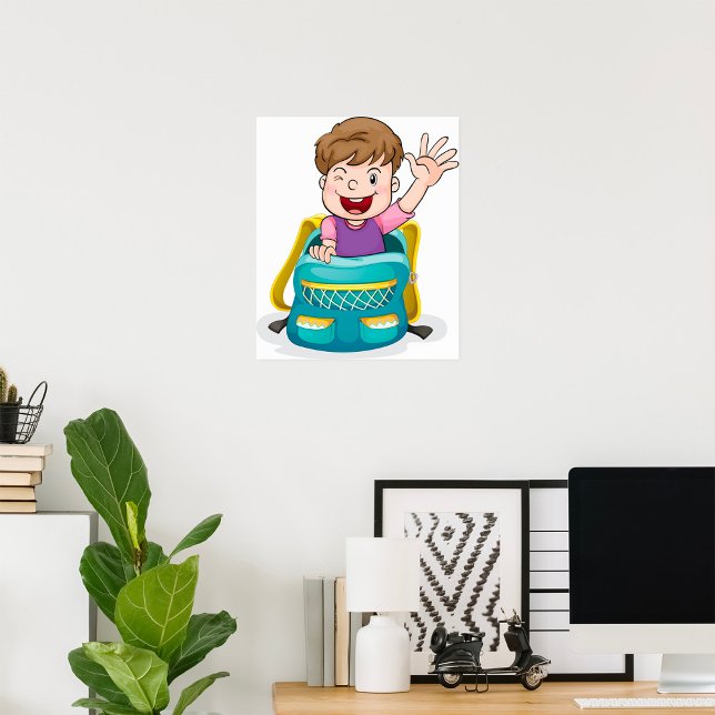 Boy in Backpack Wave Roligt School Kid Poster (Skapare uppladdad)
