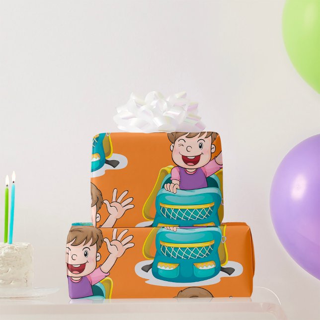 Boy in Backpack Wave Roligt School Kid Presentpapper (Skapare uppladdad)