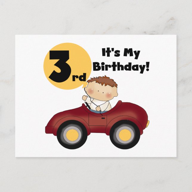 Boy in Red Car 3rd Birthday T-shirts and Gifts Vykort (Framsida)
