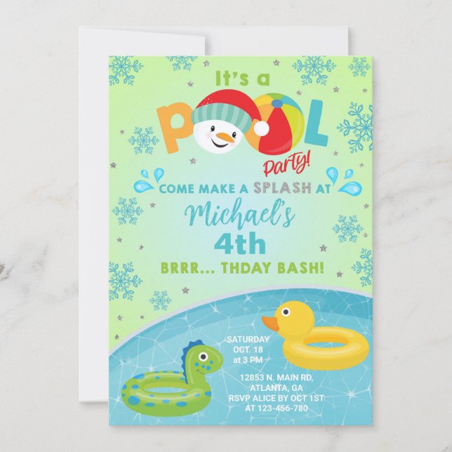 Boy indoor winter pool party birthday invitation. inbjudningar (Framsida)
